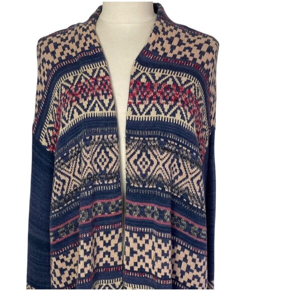 Chaps Open Front Long Cardigan Duster Plus Size 1X Southwest Print Blue Cotton - Picture 2 of 8